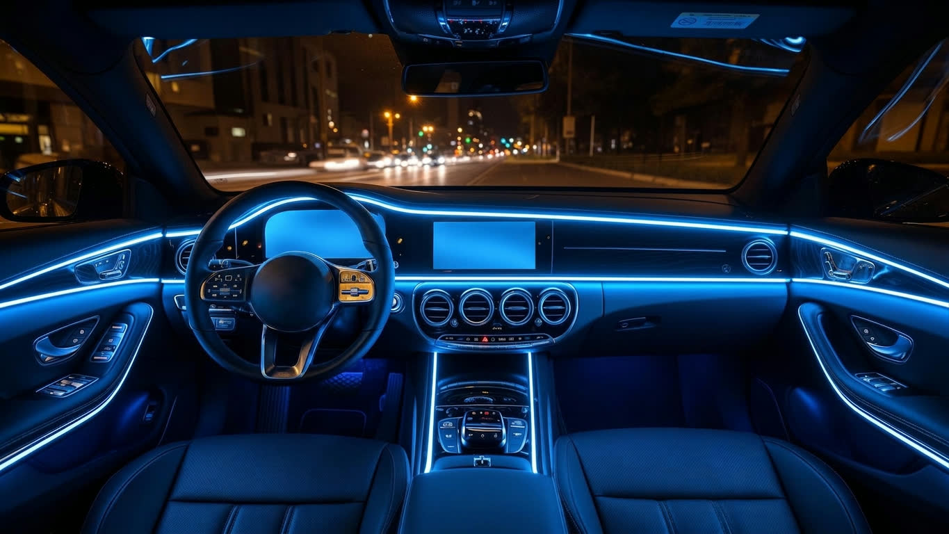 Painel automotivo iluminado com fita LED neon azul à noite